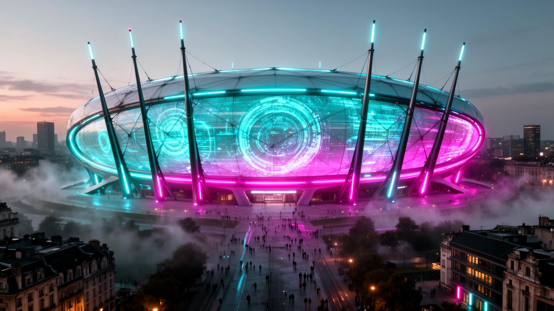 AI-Lympics Stadium Brussels at twilight